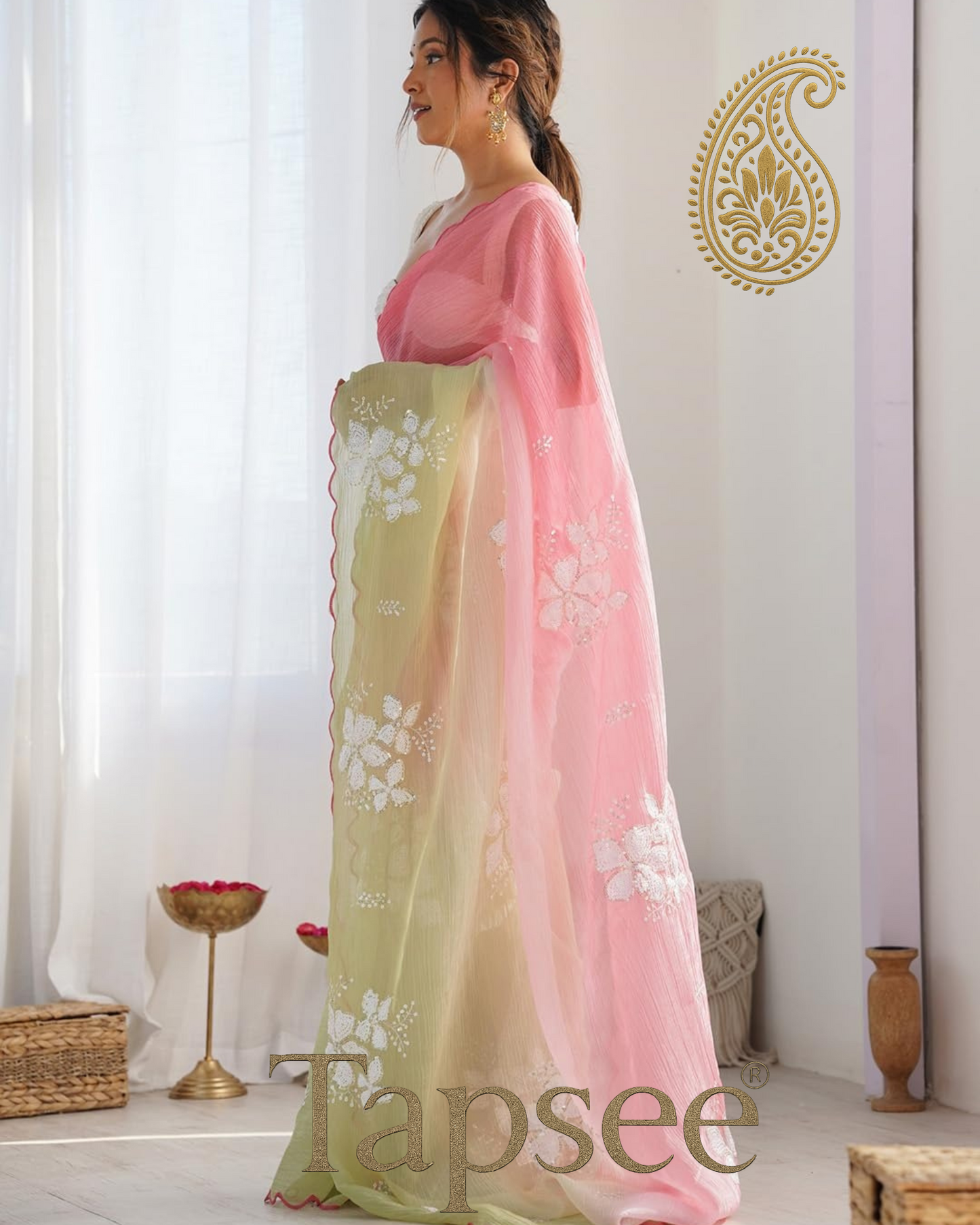 Pink & Pastel Green Ombre Saree with White Floral Sequin Work