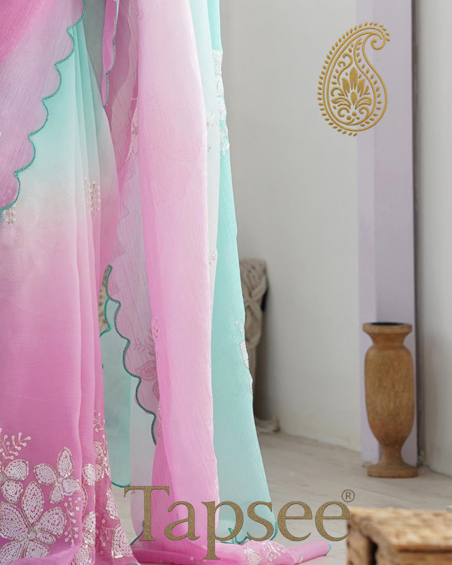 Ocean Mist Ombre Candy Crush Saree with White Floral Embroidery