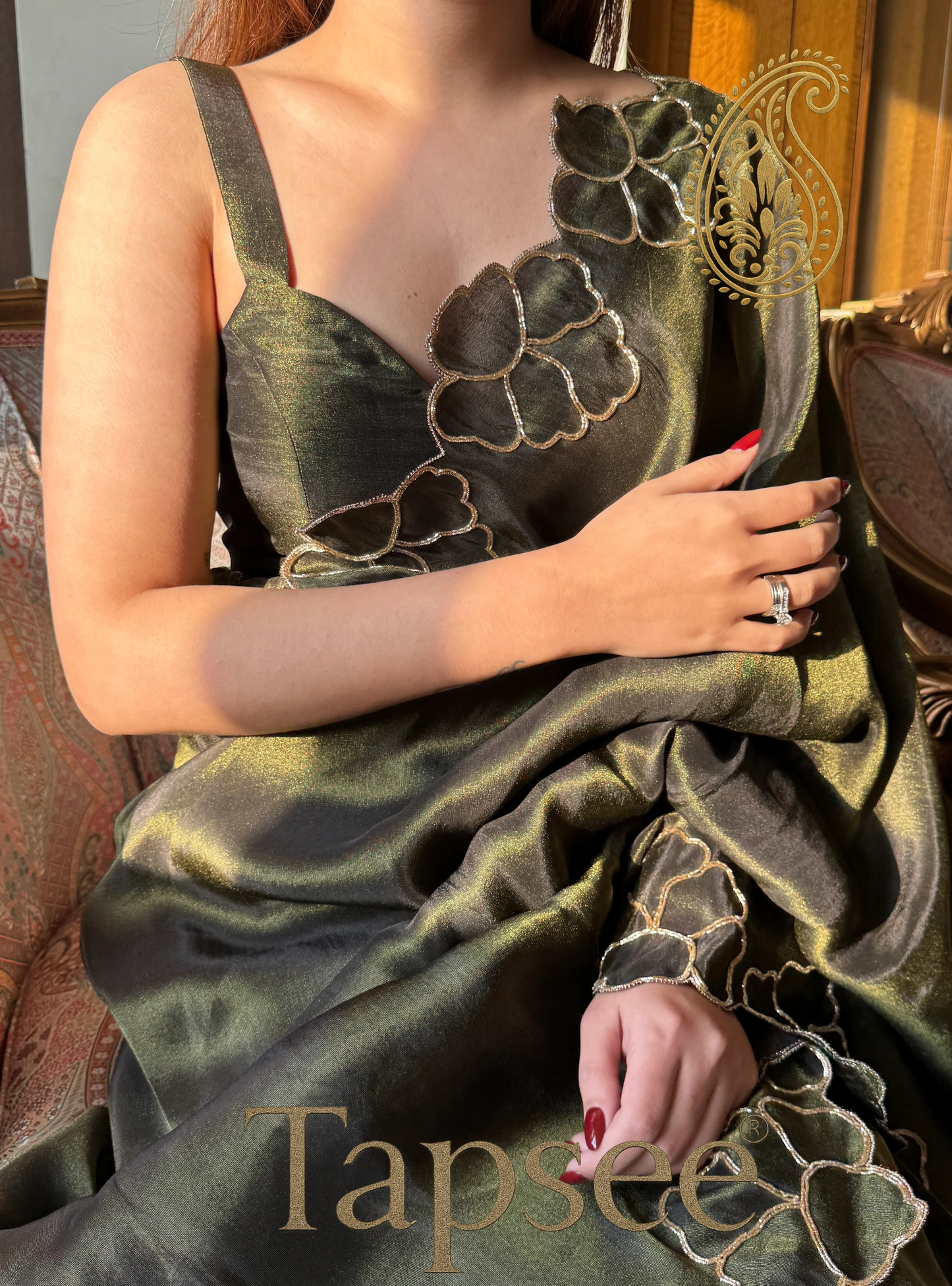 Olive Green Satin Saree with Floral Cutwork Border