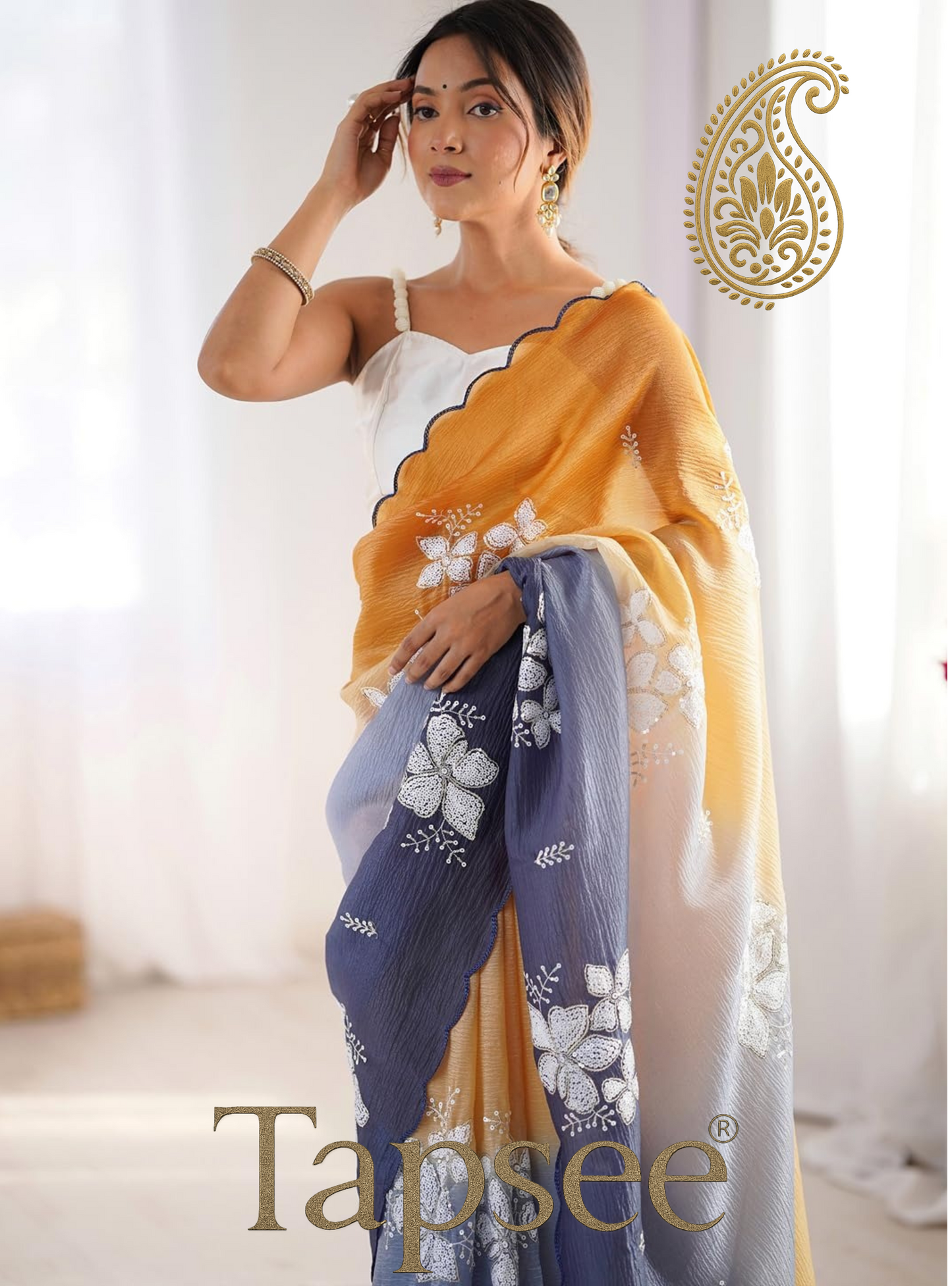 Mustard Yellow & Navy Blue Ombre Floral Embroidered Saree