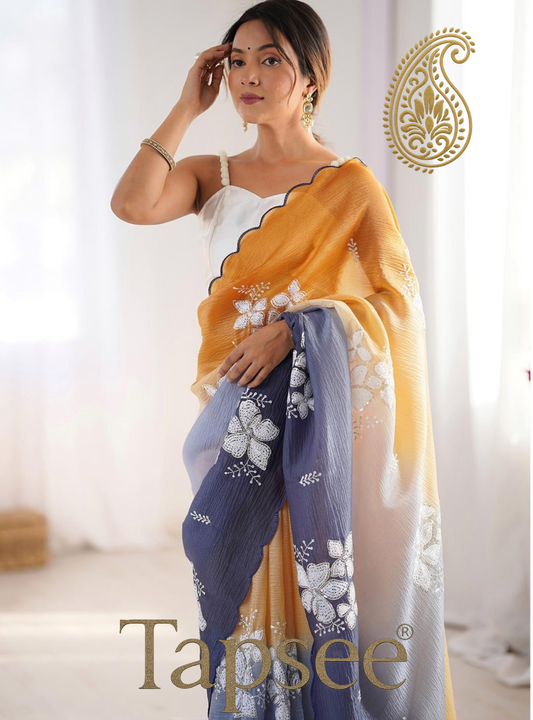 Mustard Yellow & Navy Blue Ombre Floral Embroidered Saree