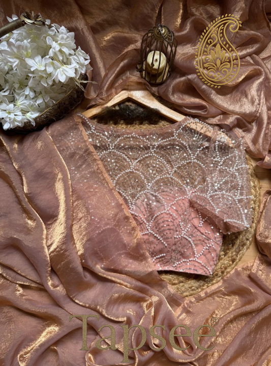 Copper Gold Fandy Silk Saree with Pearl & Sequin Embroidered Blouse