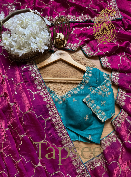 Royal Teal Fandy Silk Blouse (Unstitched)