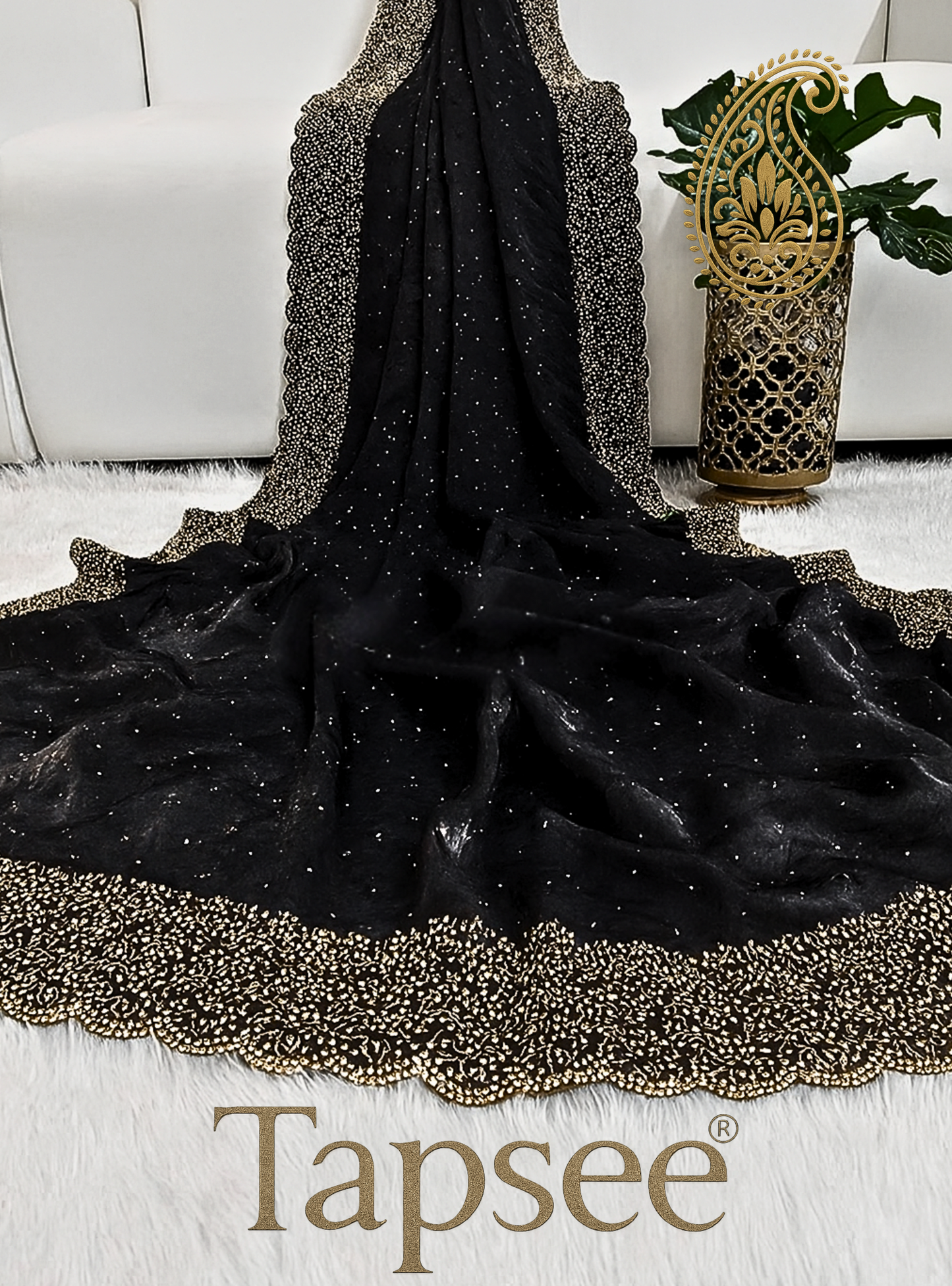 Black Fandy Silk Saree with Heavy Golden Beaded Border & Detailing | Tapsee® Exclusive