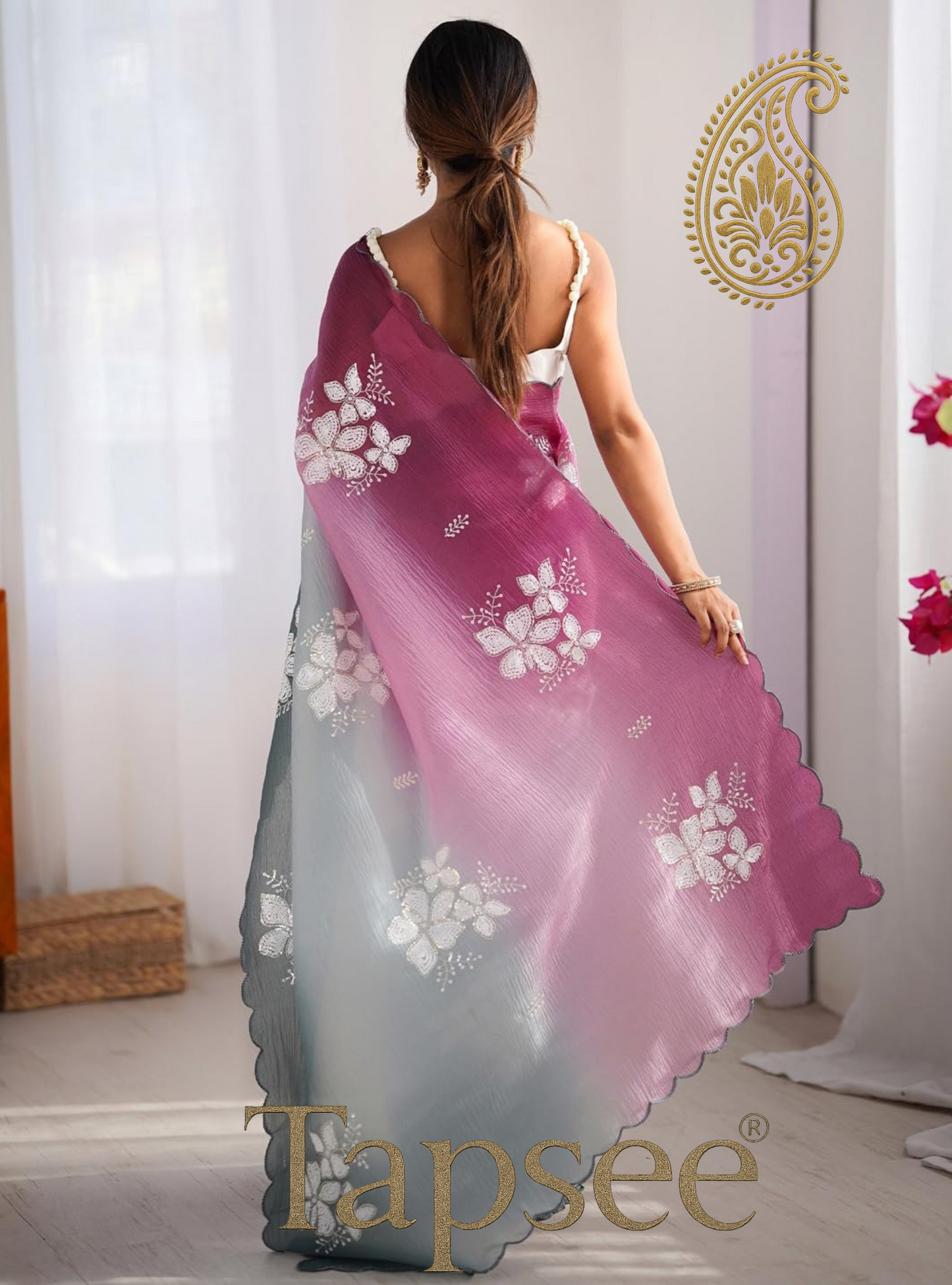 Pink & Teal Ombre Floral Embroidered Saree