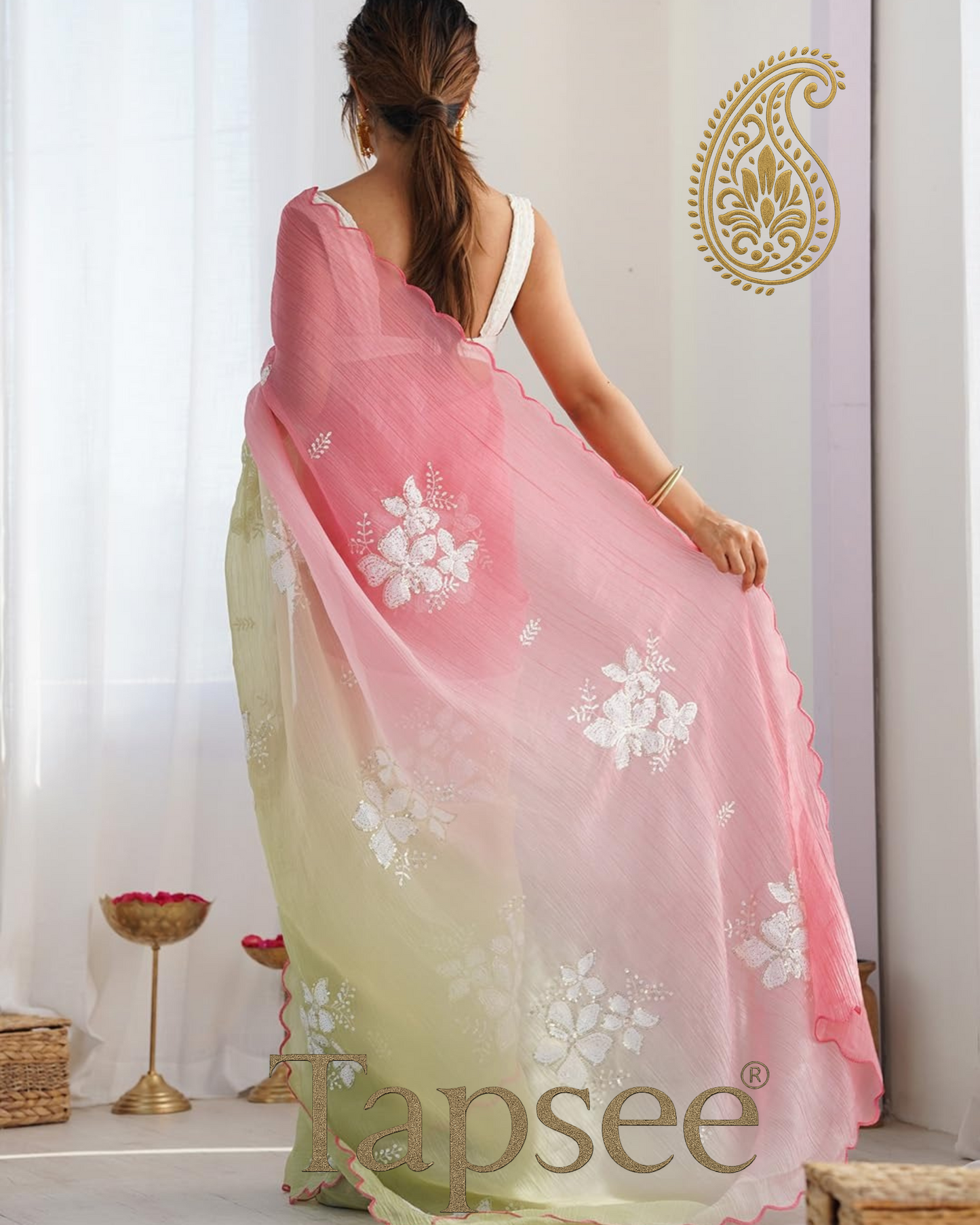 Pink & Pastel Green Ombre Saree with White Floral Sequin Work