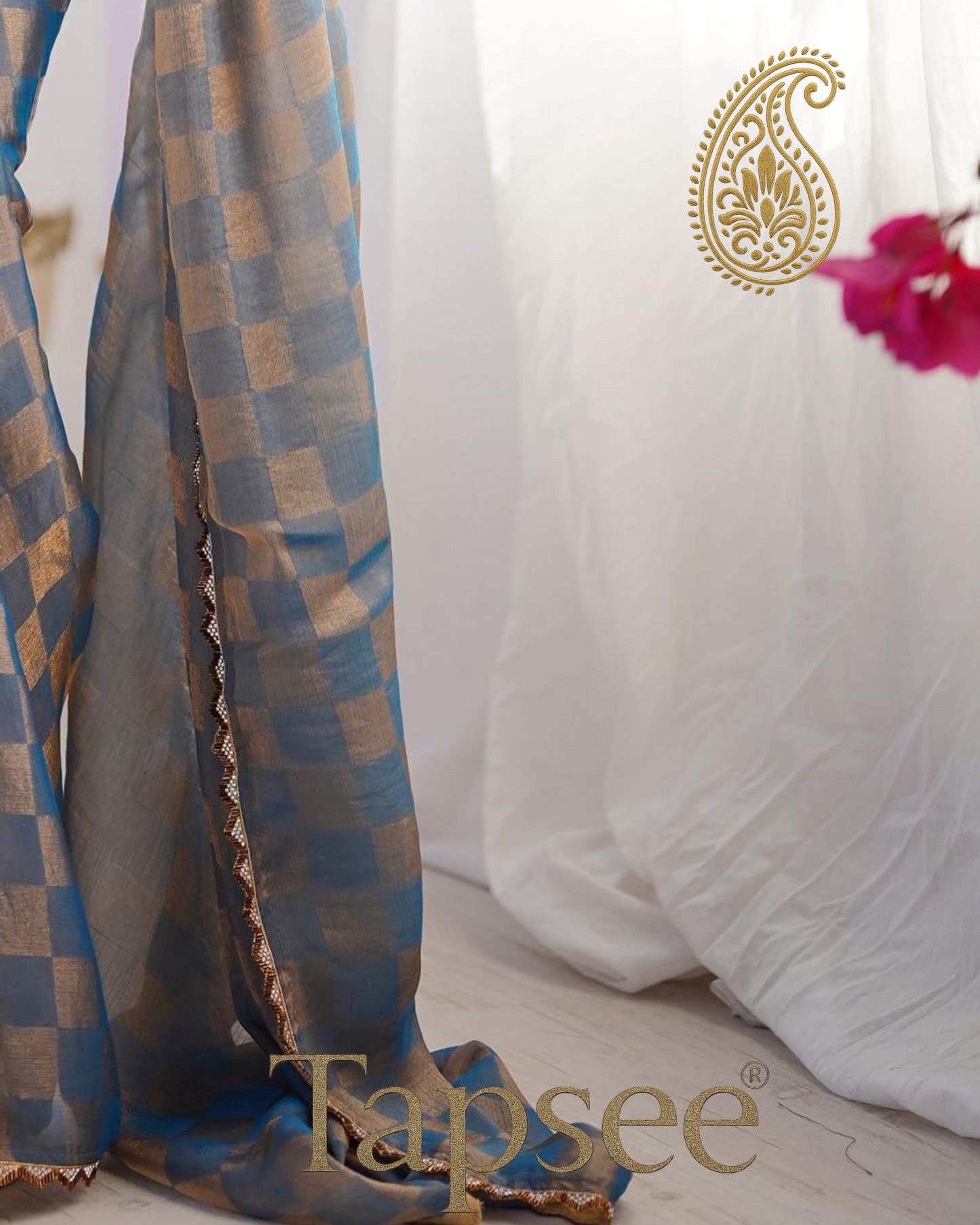 Sapphire Gold Checks Jimmy Chho Embosh Saree