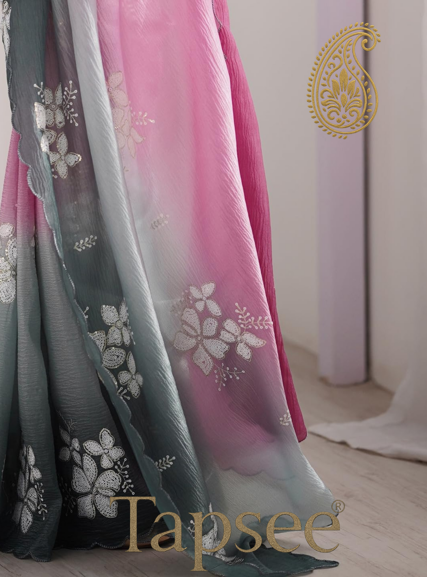 Pink & Teal Ombre Floral Embroidered Saree