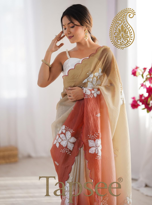 Beige & Rust Ombre Floral Embroidered Saree