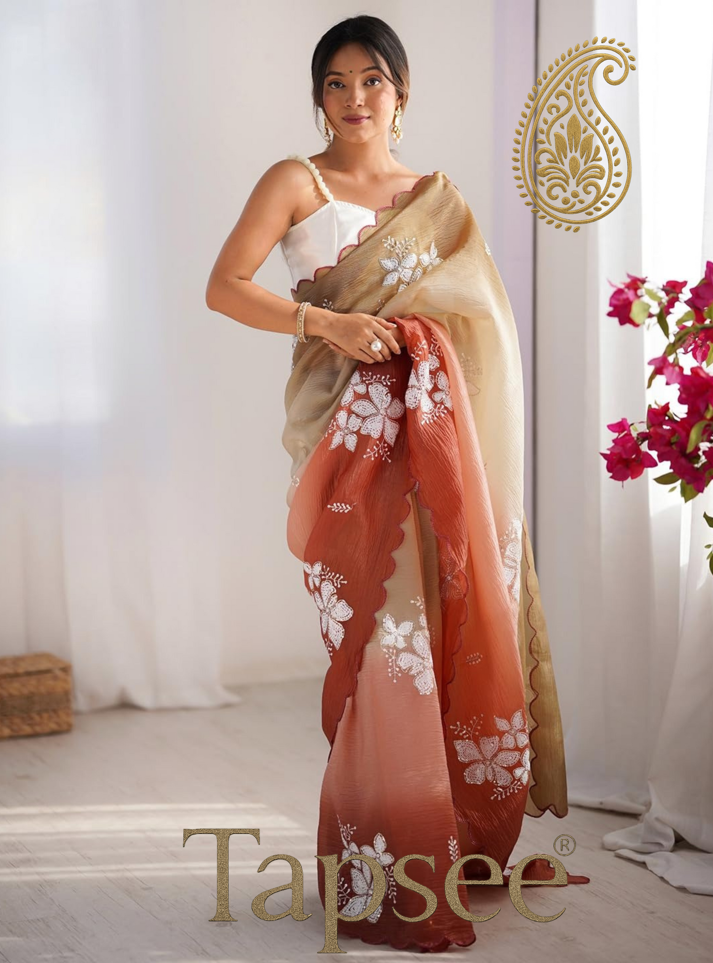 Beige & Rust Ombre Floral Embroidered Saree