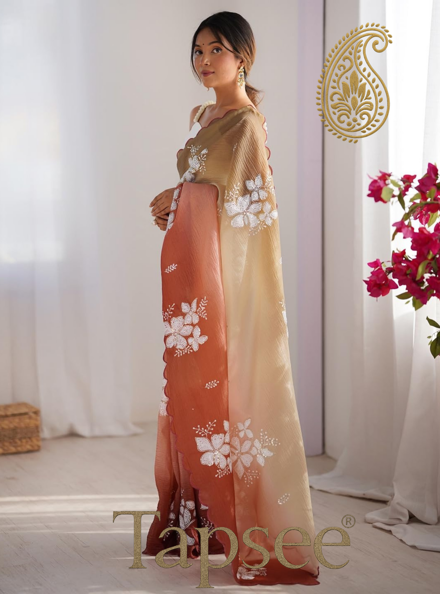 Beige & Rust Ombre Floral Embroidered Saree