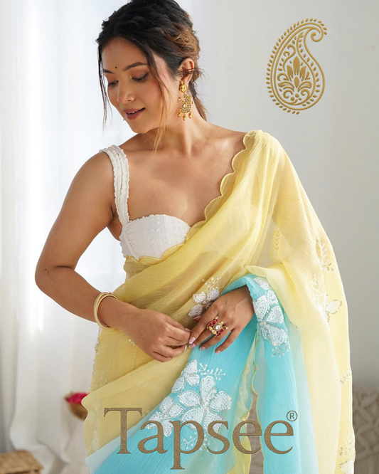 Yellow & Aqua Blue Ombre Saree with White Floral Sequin Work