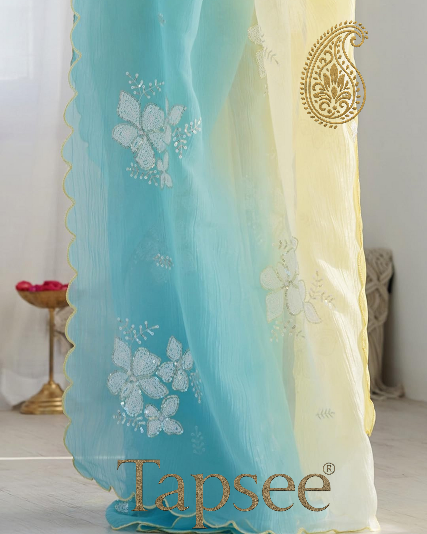 Yellow & Aqua Blue Ombre Saree with White Floral Sequin Work