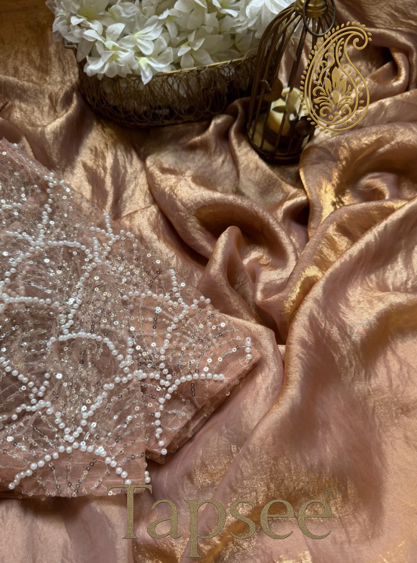 Copper Gold Fandy Silk Saree with Pearl & Sequin Embroidered Blouse