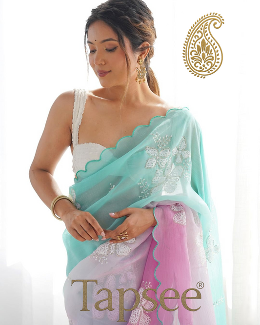 Ocean Mist Ombre Candy Crush Saree with White Floral Embroidery