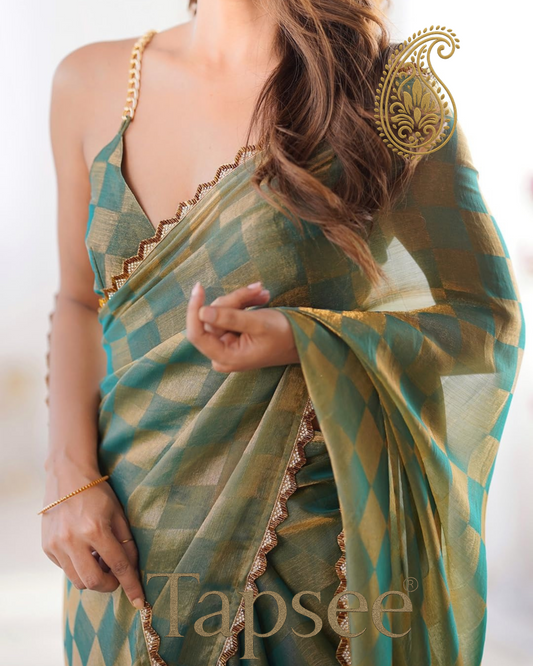 Emerald Gold Checks Jimmy Chho Embosh Saree