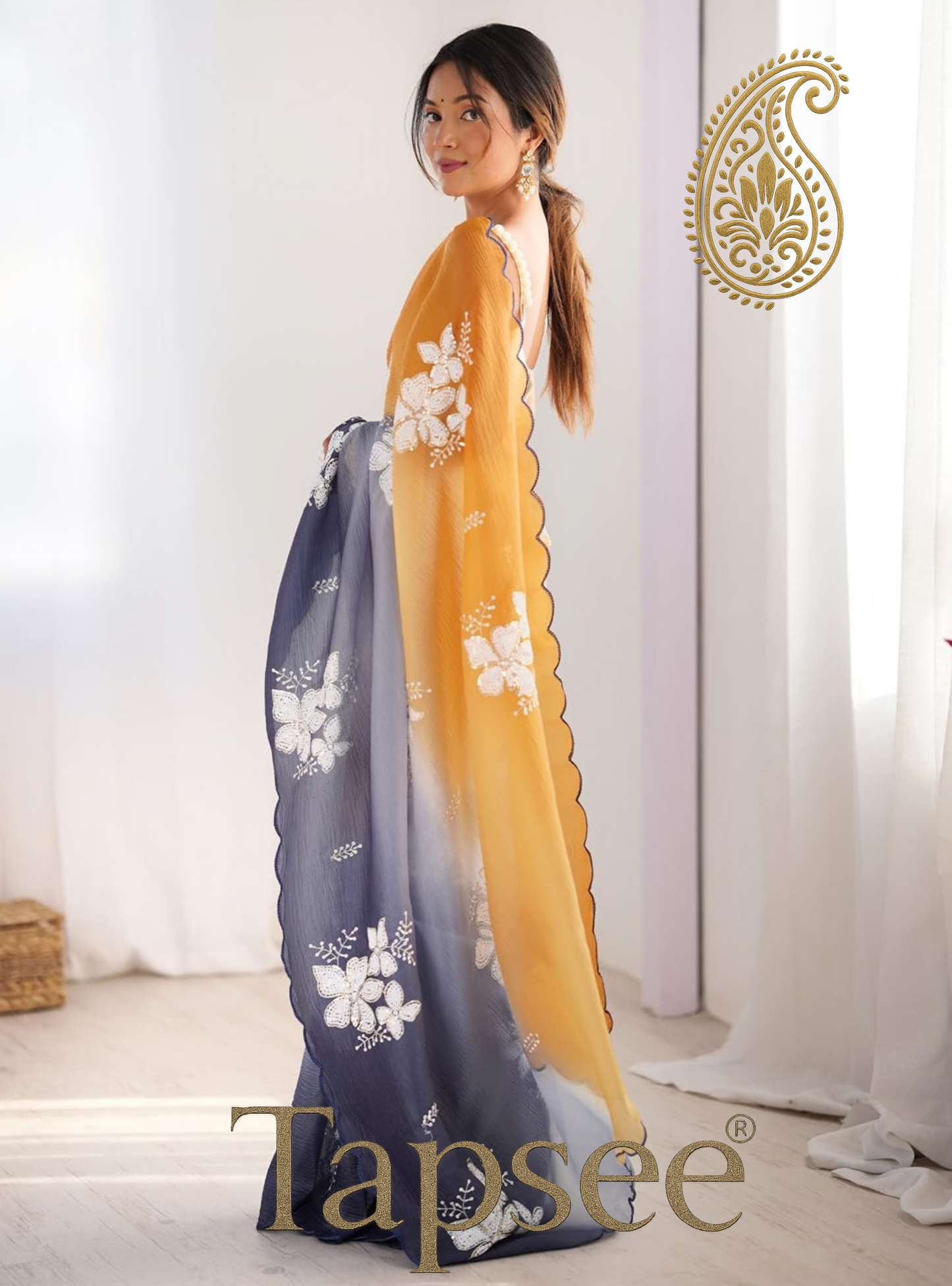Mustard Yellow & Navy Blue Ombre Floral Embroidered Saree