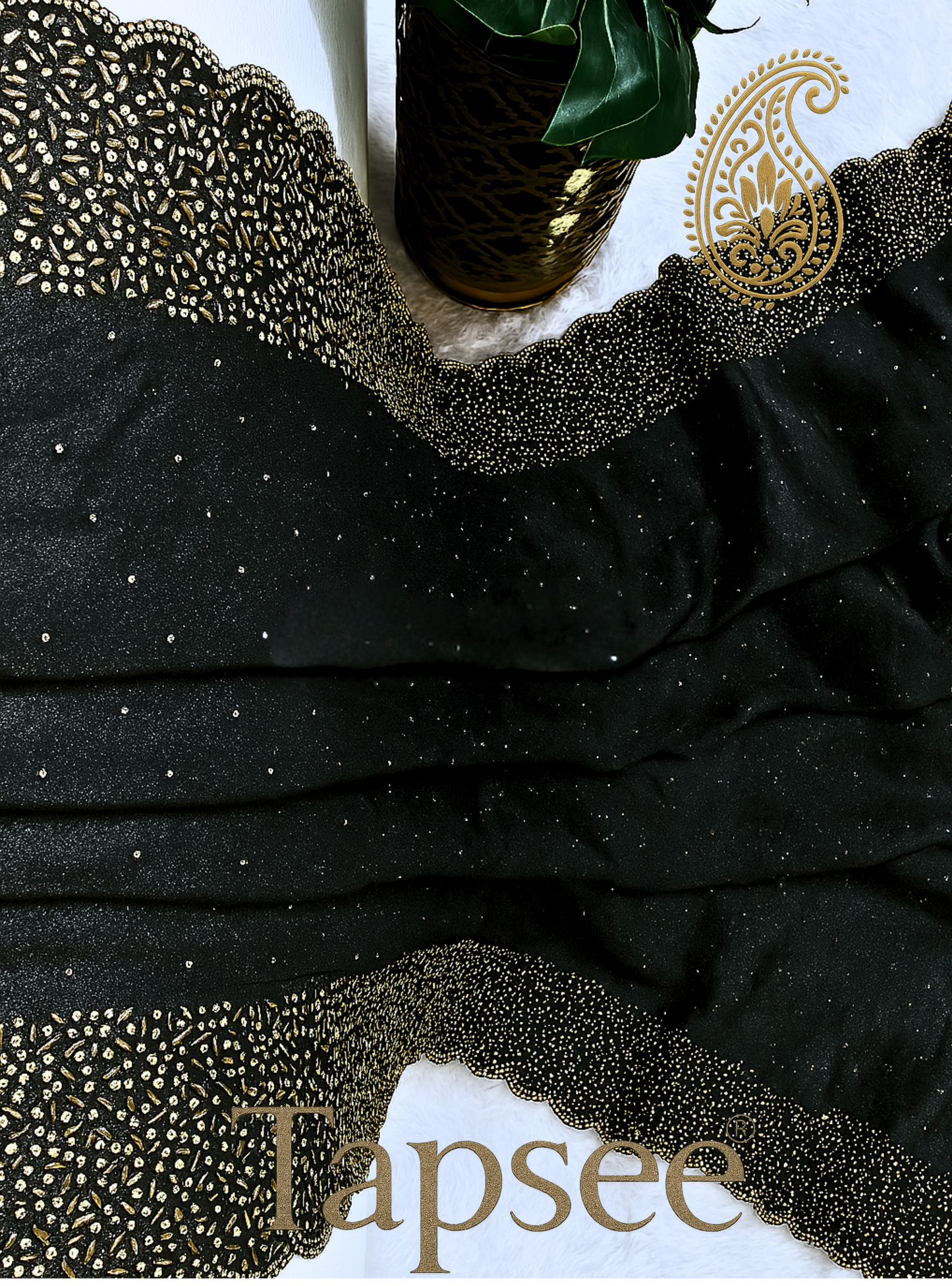 Black Fandy Silk Saree with Heavy Golden Beaded Border & Detailing | Tapsee® Exclusive