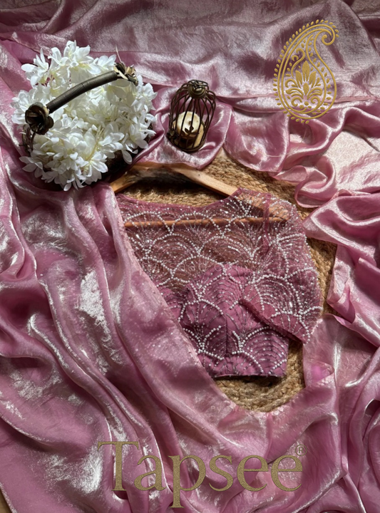 Rose Pink Fandy Silk Saree with Pearl & Sequin Embroidered Blouse