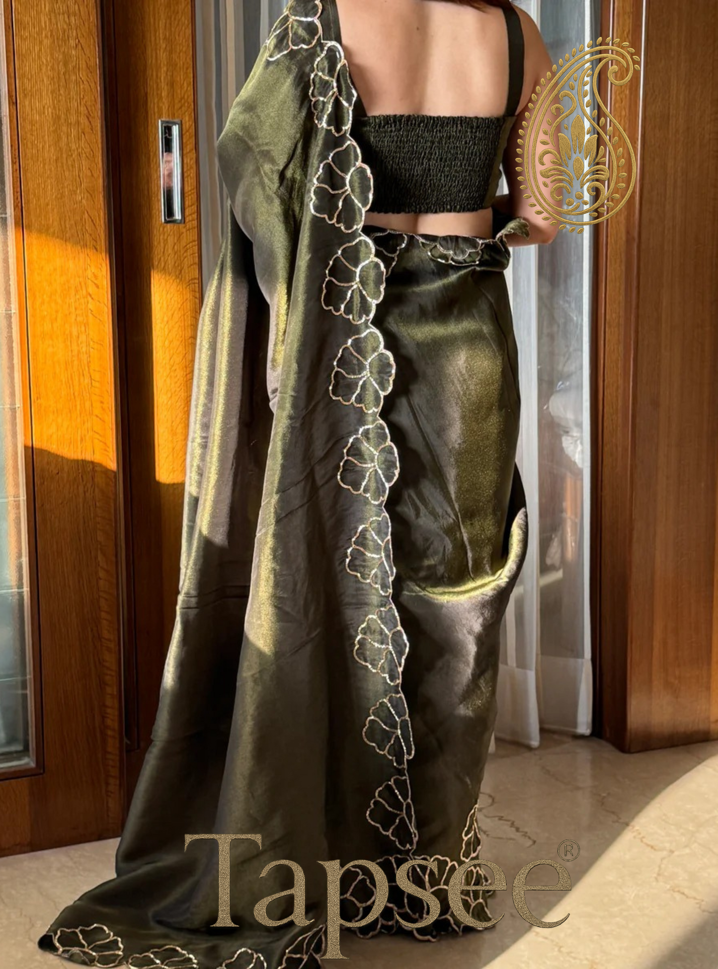Olive Green Satin Saree with Floral Cutwork Border