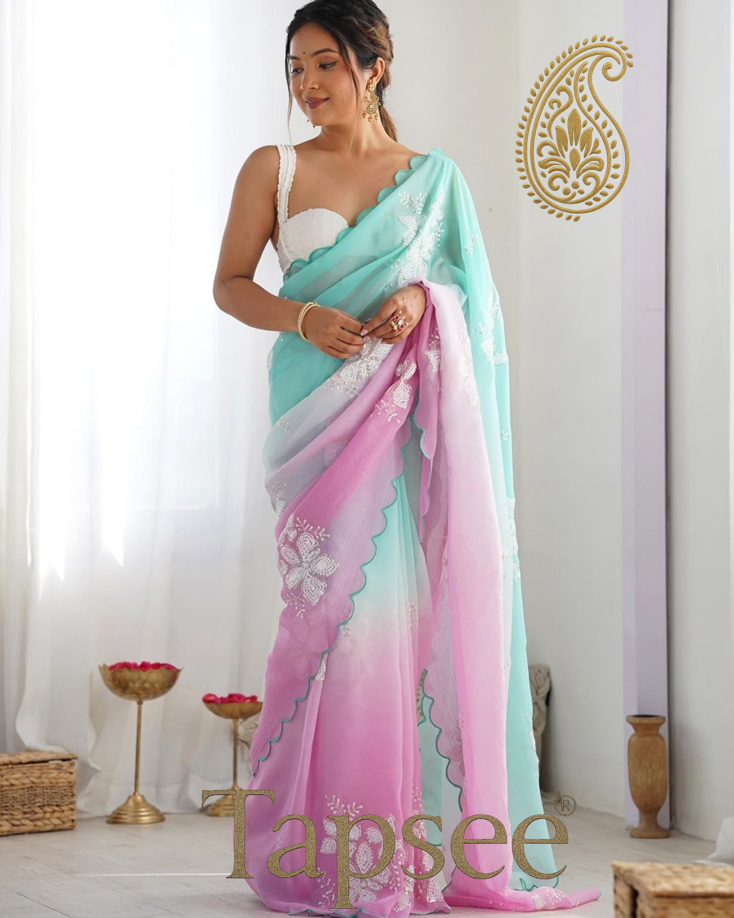Ocean Mist Ombre Candy Crush Saree with White Floral Embroidery