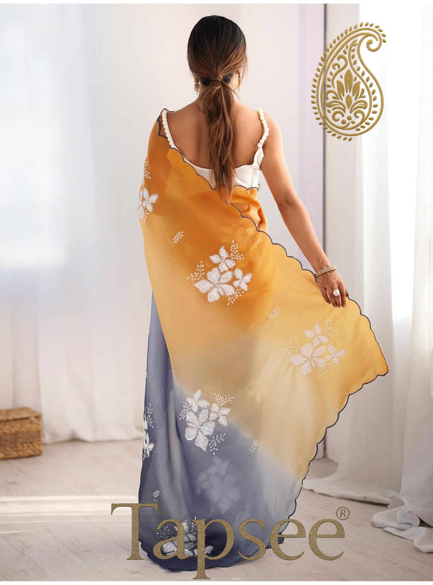 Mustard Yellow & Navy Blue Ombre Floral Embroidered Saree