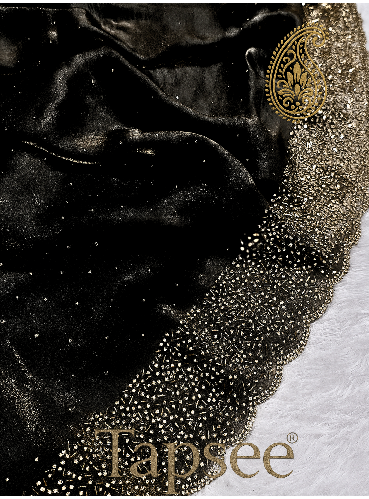 Black Fandy Silk Saree with Heavy Golden Beaded Border & Detailing | Tapsee® Exclusive