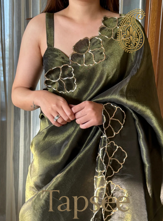 Olive Green Satin Saree with Floral Cutwork Border
