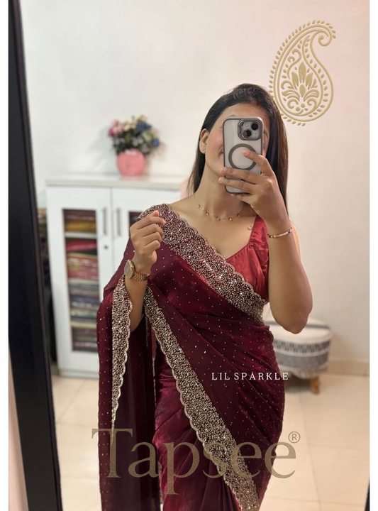 Wine Red Velvet Saree