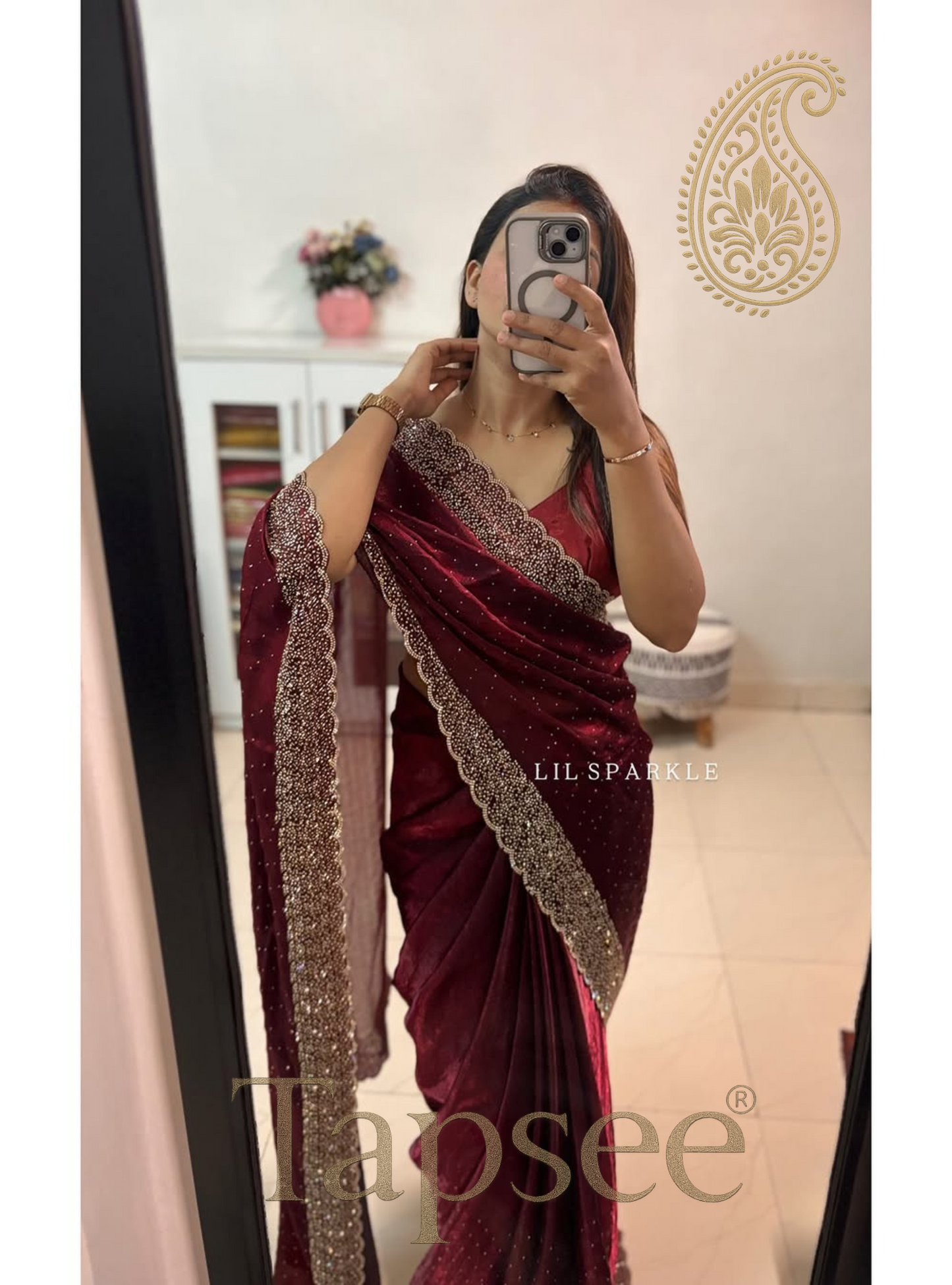 Wine Red Velvet Saree