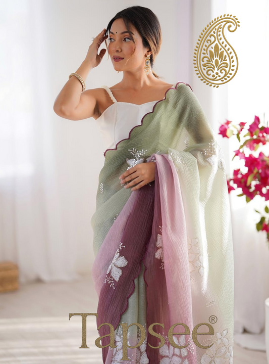 Sage Green & Mauve Ombre Floral Embroidered Saree