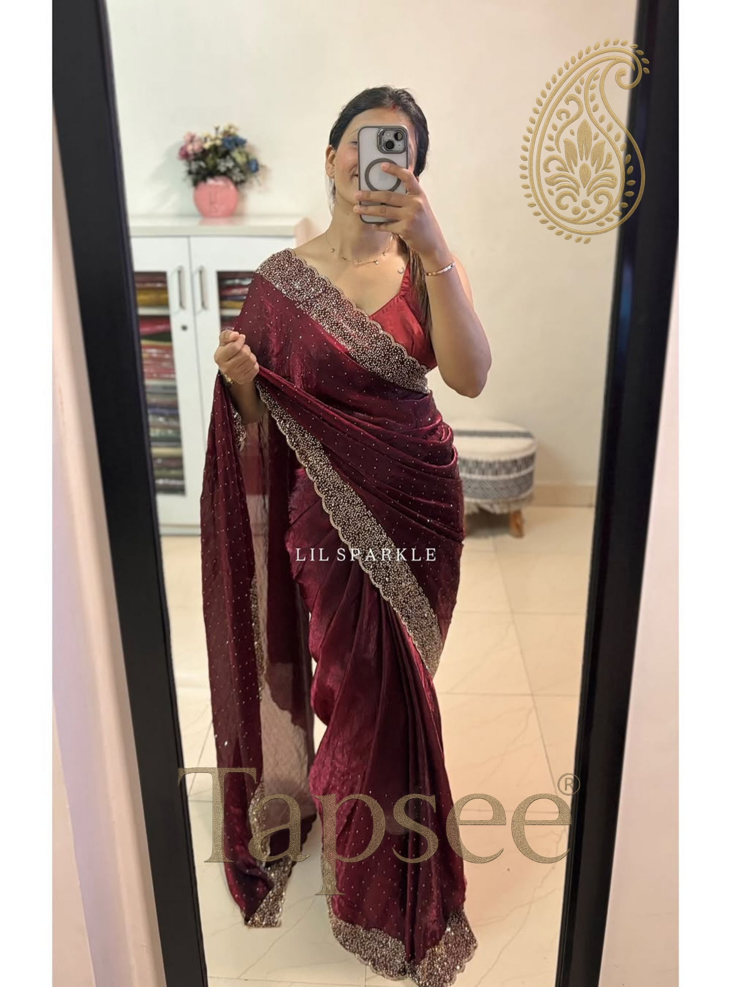 Wine Red Velvet Saree