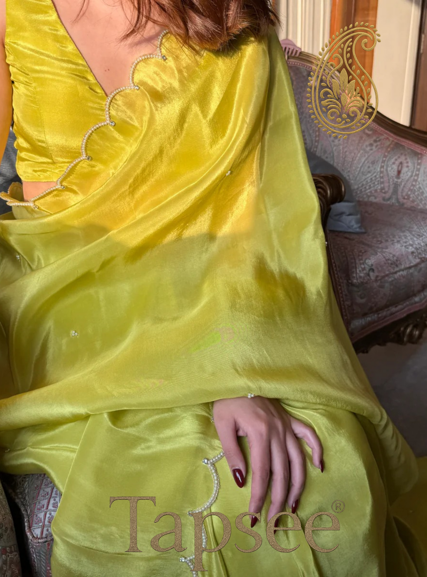 Bright Yellow Satin Saree with Pearl Scallop Border