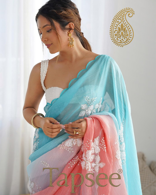 Aqua Blue & Coral Pink Ombre Saree with White Floral Sequin Work
