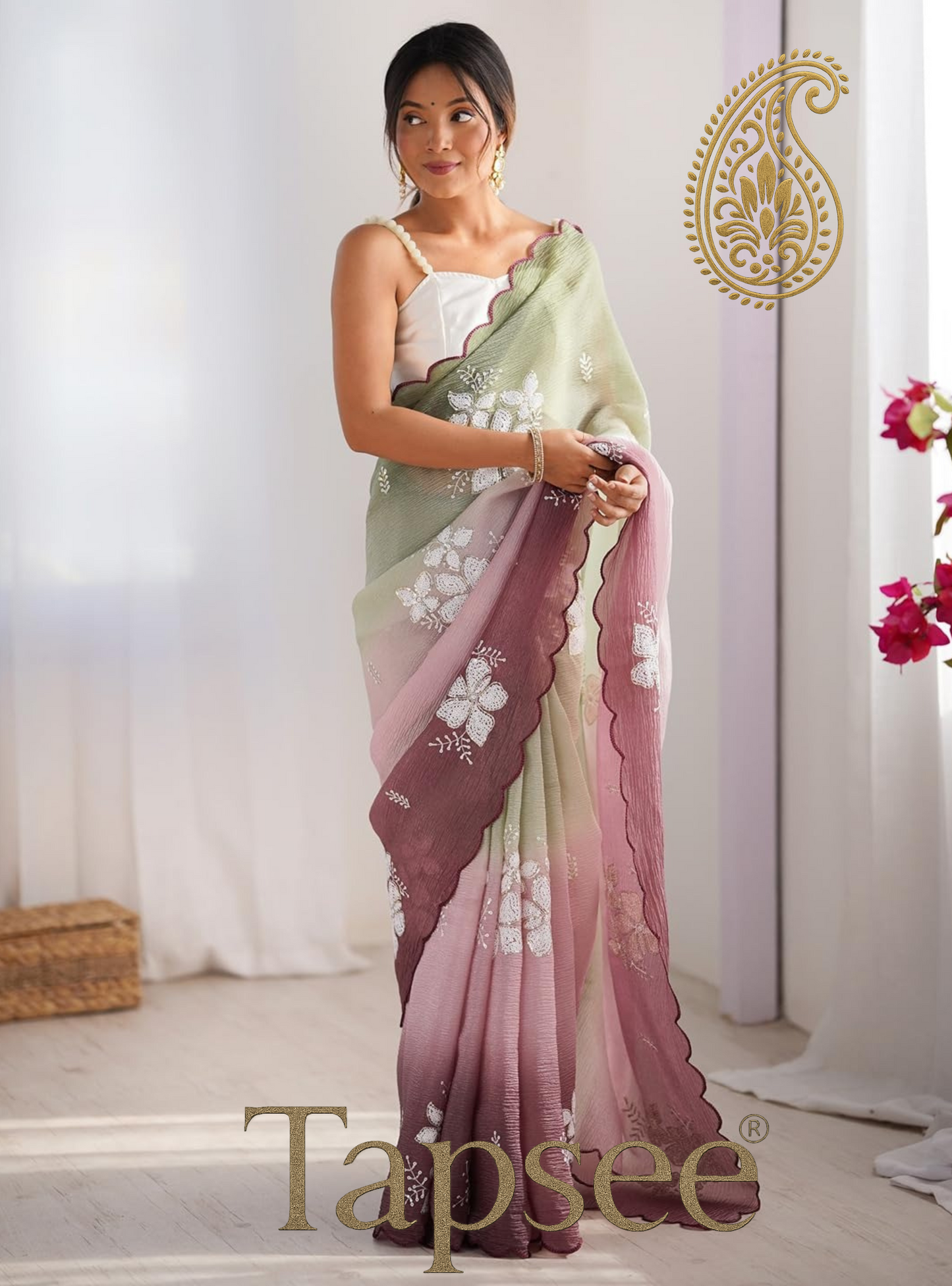 Sage Green & Mauve Ombre Floral Embroidered Saree