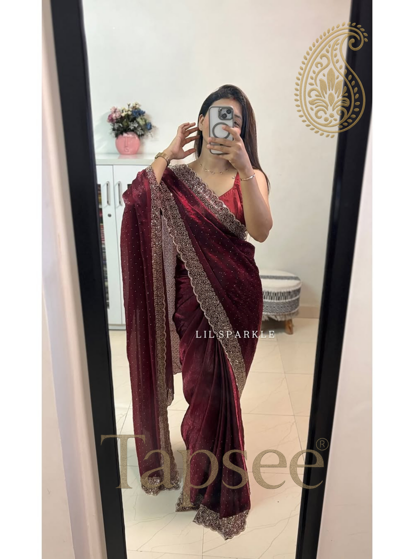 Wine Red Velvet Saree