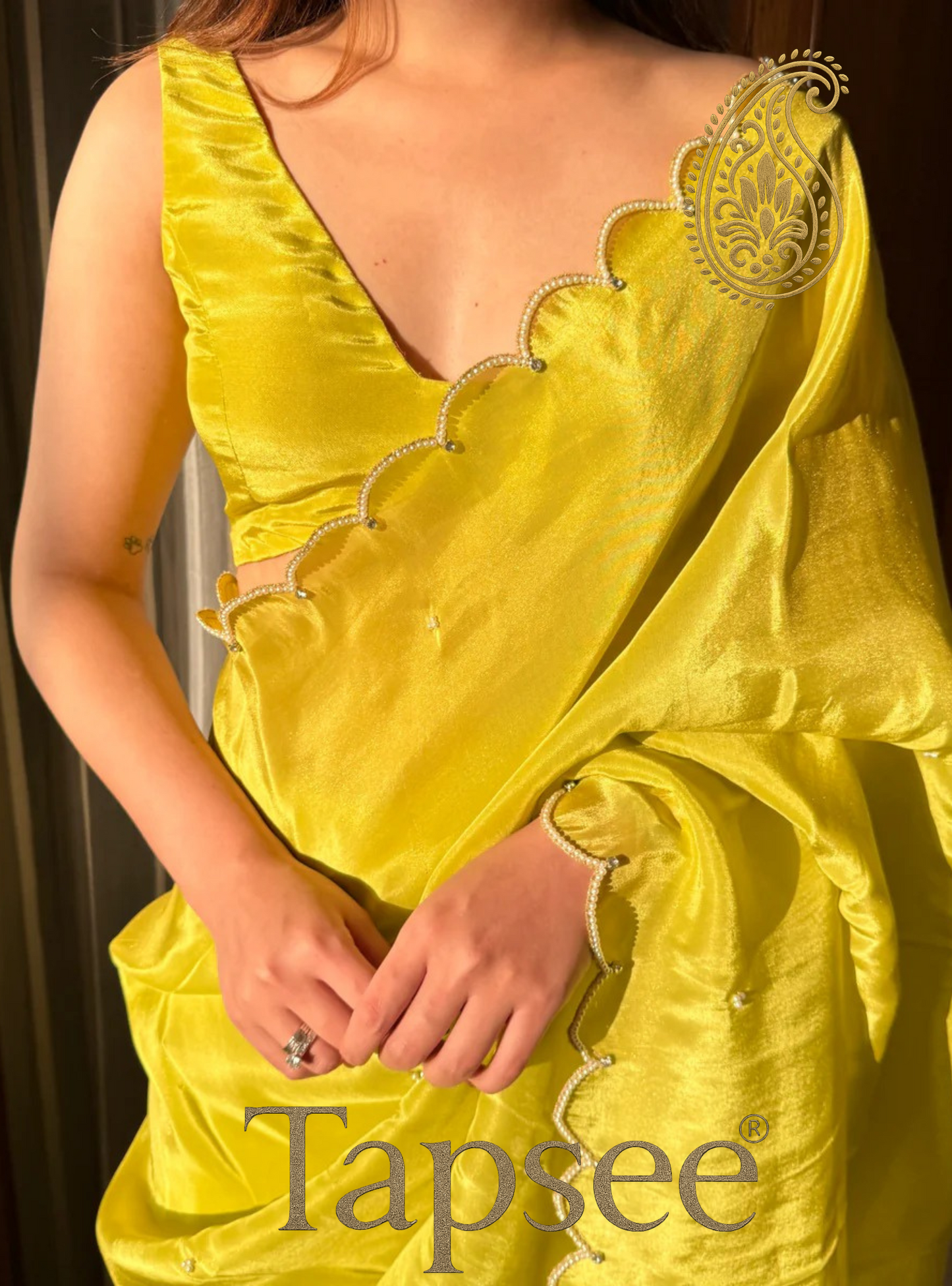 Bright Yellow Satin Saree with Pearl Scallop Border