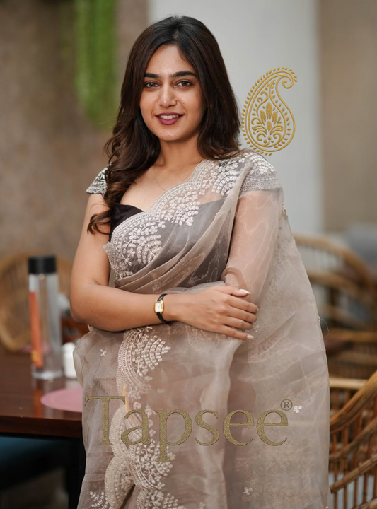 Mocha Elegance Embroidered Saree