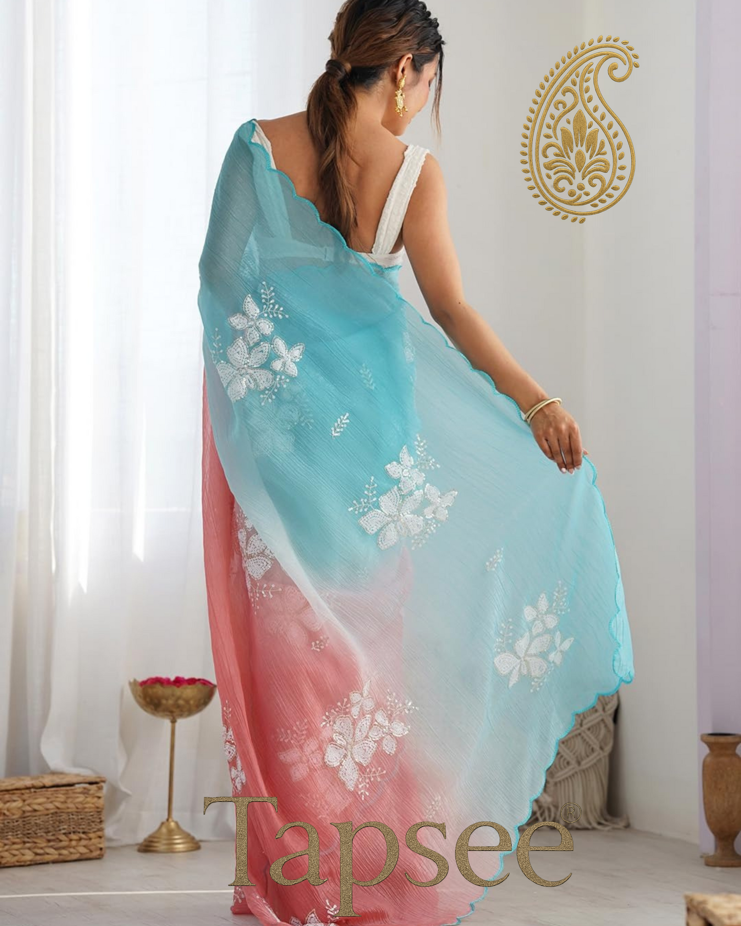 Aqua Blue & Coral Pink Ombre Saree with White Floral Sequin Work