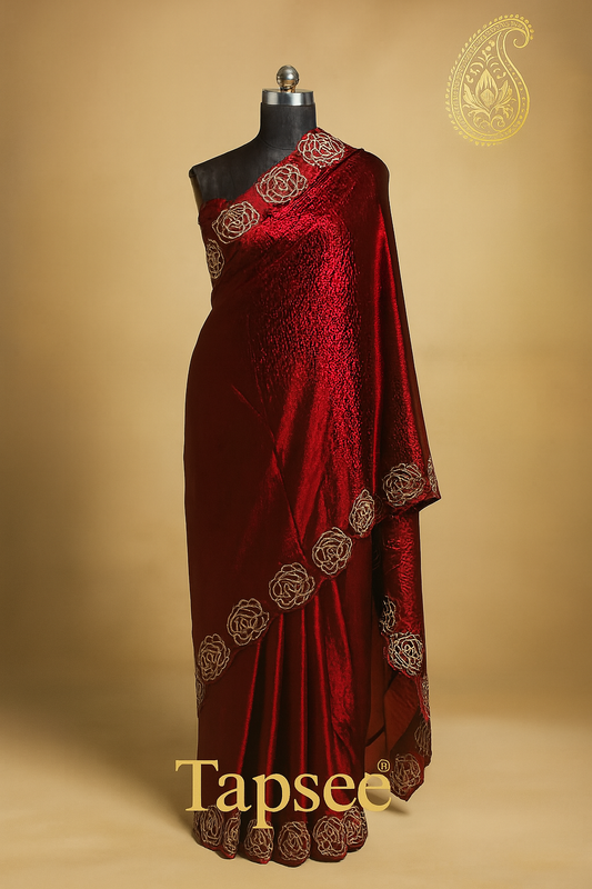 Crimson Fandy Rose Embroidered Saree by Tapsee®