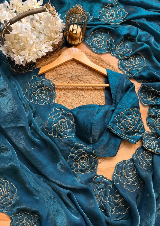 Midnight Rose Embroidered Teal Fandy Silk Saree with Designer Blouse
