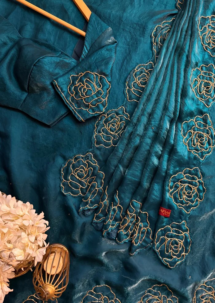 Midnight Rose Embroidered Teal Fandy Silk Saree with Designer Blouse