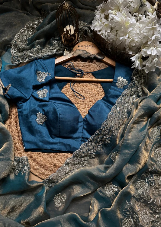 Teal Twilight Zari Embroidered Silk Saree with Designer Blouse