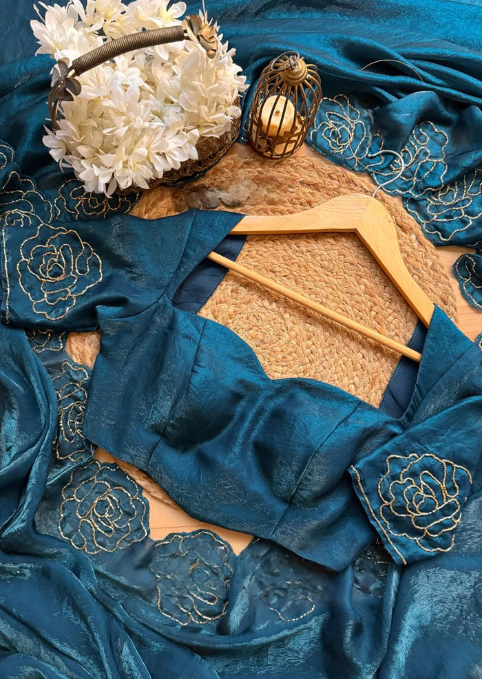 Midnight Rose Embroidered Teal Fandy Silk Saree with Designer Blouse