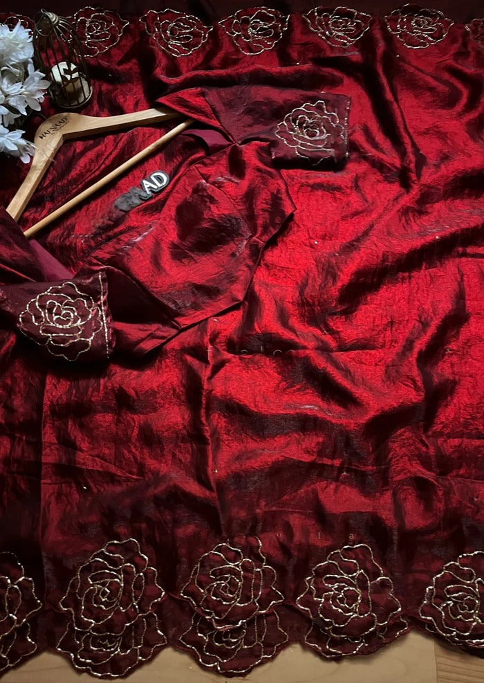 Crimson Fandy Rose Embroidered Saree by Tapsee®