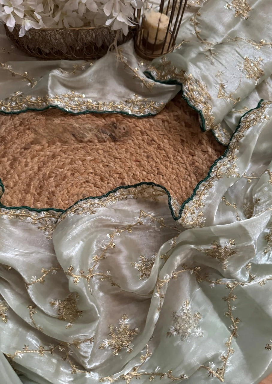 Emerald Bloom Jimmychho Saree with Golden Thread Embroidery