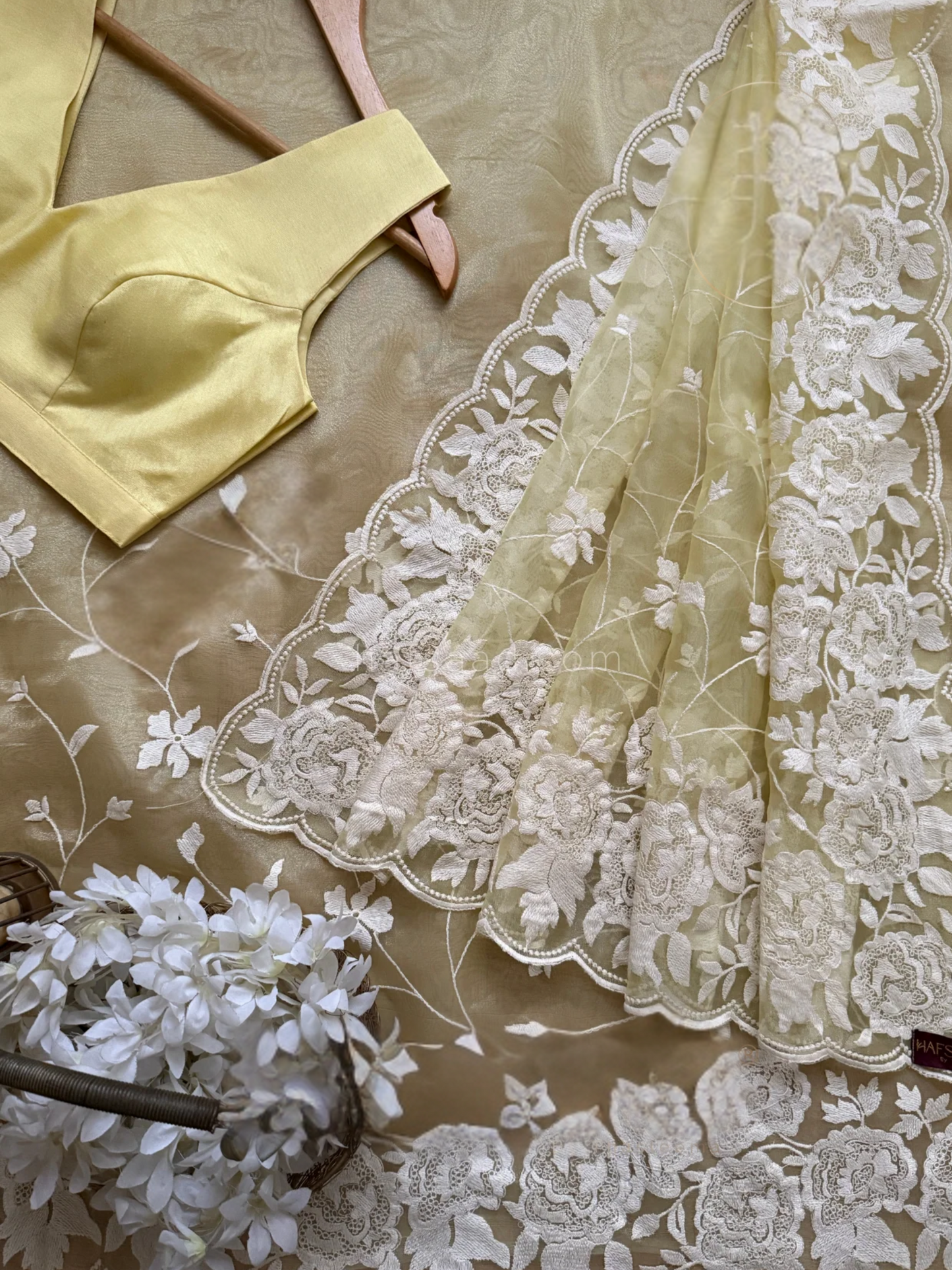 Lemon Blossom Organza Embroidered Saree
