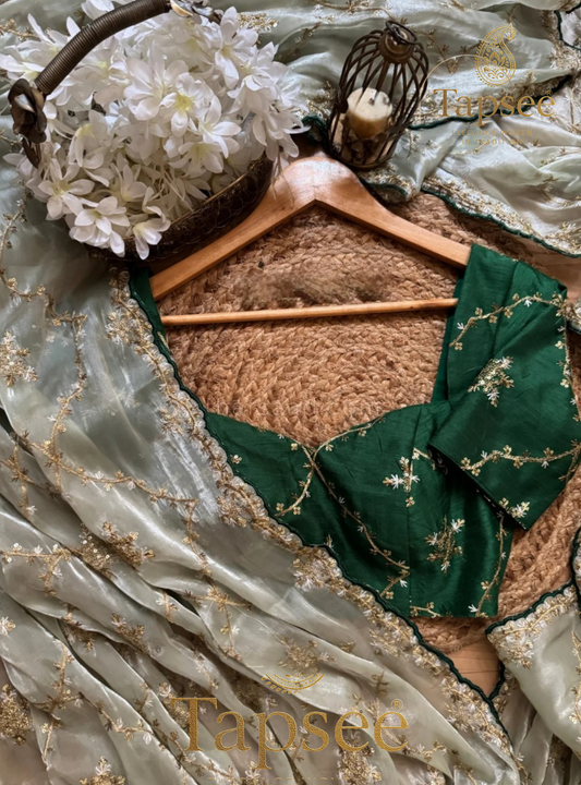 Emerald Bloom Jimmychho Saree with Golden Thread Embroidery