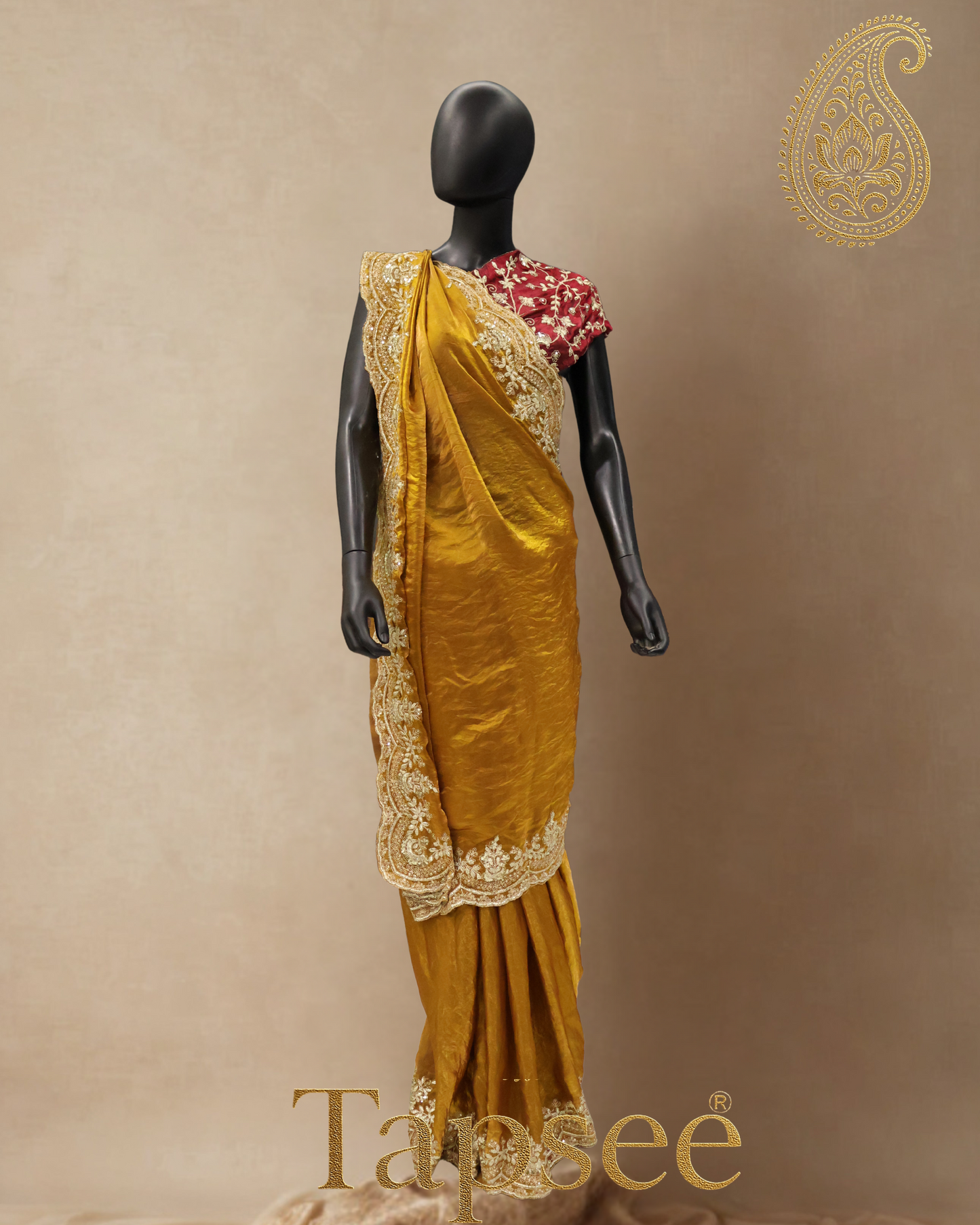 Tapsee® Regal Mustard Elegance: Hand-Embroidered Fandy Silk Saree with Maroon Blouse