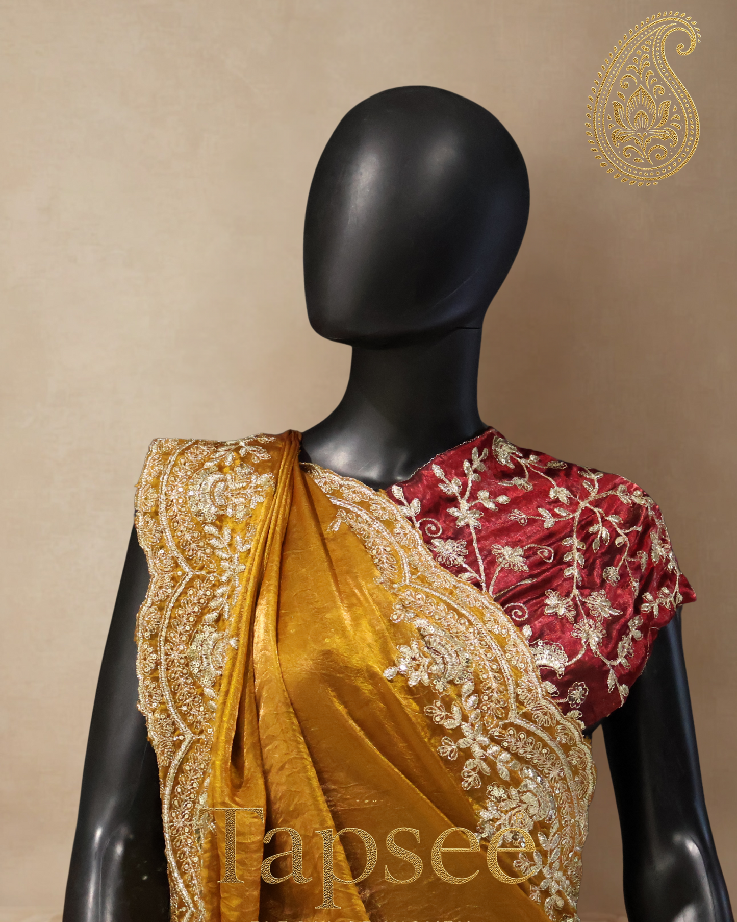 Tapsee® Regal Mustard Elegance: Hand-Embroidered Fandy Silk Saree with Maroon Blouse